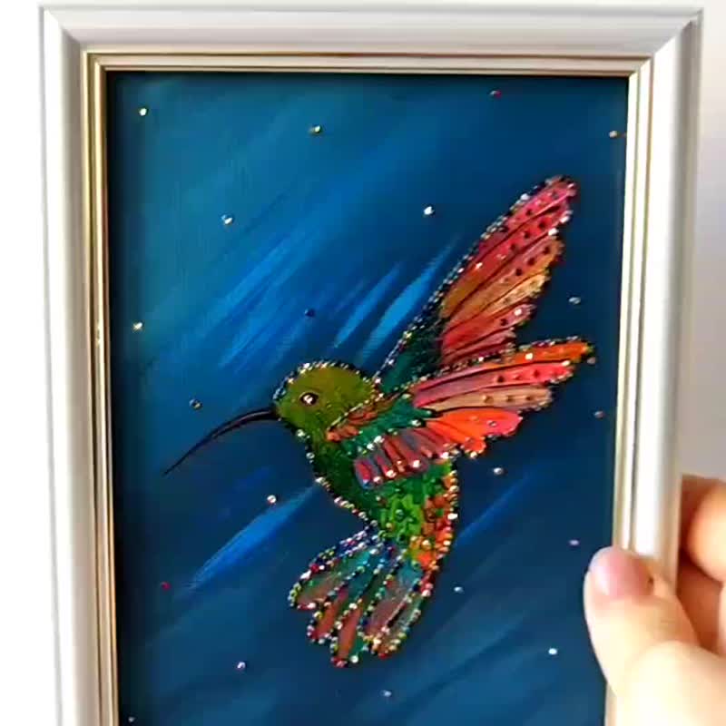 Hummingbird Painting with Crystals Wall Decoration 壓克力畫 Bird Hanging Painting - 壁貼/牆壁裝飾 - 壓克力 多色