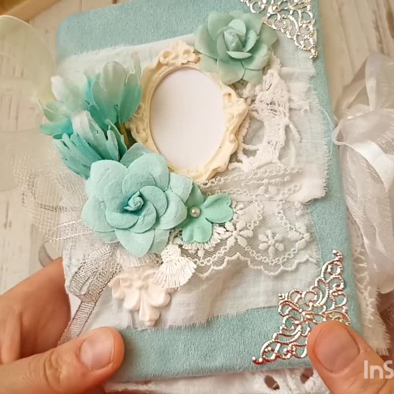 Lace Flowers Rose junk journal handmade Lace mint diary for sale homemade blank - สมุดบันทึก/สมุดปฏิทิน - กระดาษ สีเขียว