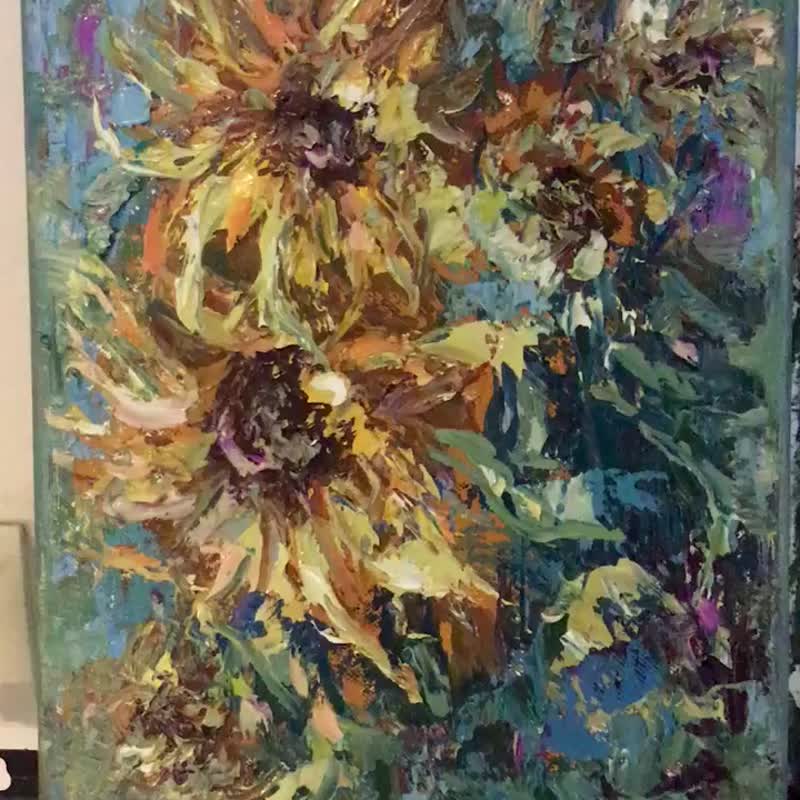 Sunflowers original oil painting - 壁貼/牆壁裝飾 - 亞麻 黃色