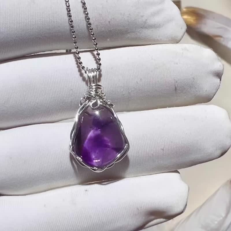 Pure hand-made sterling silver wrapped natural Dabiz amethyst double-sided neckl - Necklaces - Gemstone Multicolor