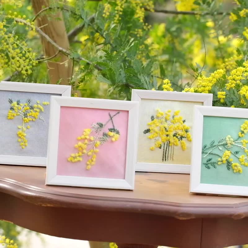 Mimosa Flower lover Embroidery Kit Let's embroider Mimosa flower lover on canvas with colorful blur fabric - Knitting, Embroidery, Felted Wool & Sewing - Thread Yellow