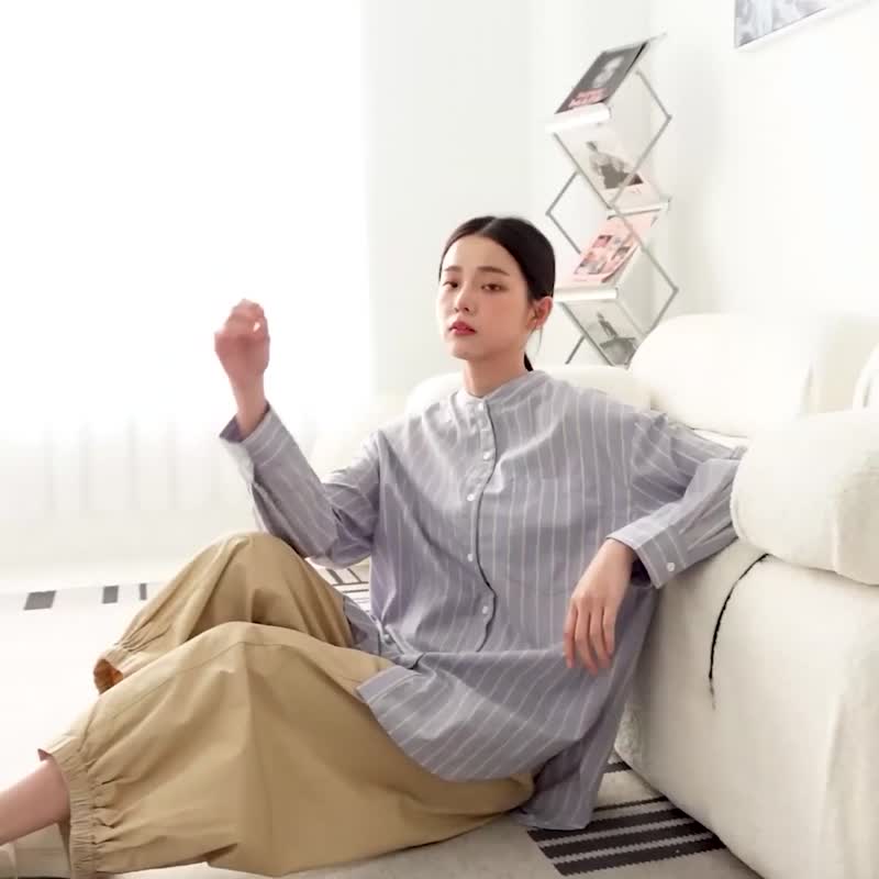 【Simply Yours】條紋圓領襯衫 藍F - 女襯衫 - 棉．麻 藍色