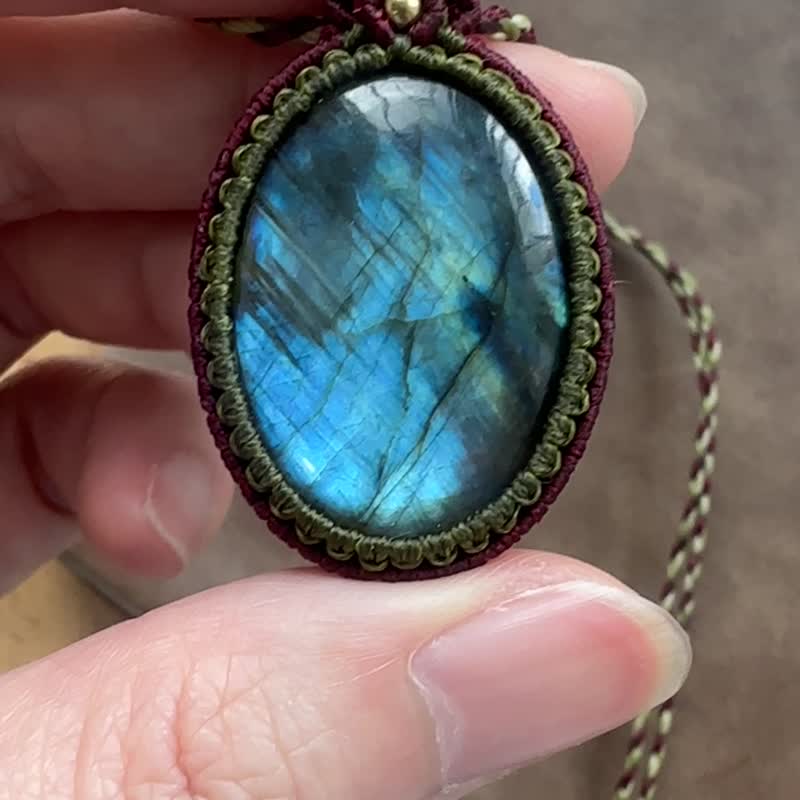 N818 蠟線編織 拉長石  銅珠 頸鏈 (可調長度) - 項鍊 - 寶石 咖啡色