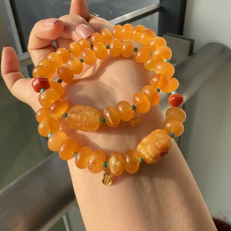 天然俄料面包珠  拉絲聚寶盆 溶洞蜜設計款單圈手鏈 - 手鍊/手環 - 寶石 