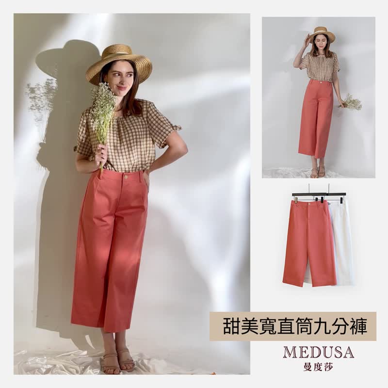 【MEDUSA LADY】Stiff Cotton Wide Straight Culottes - White / Pink - กางเกงขายาว - ผ้าฝ้าย/ผ้าลินิน สึชมพู