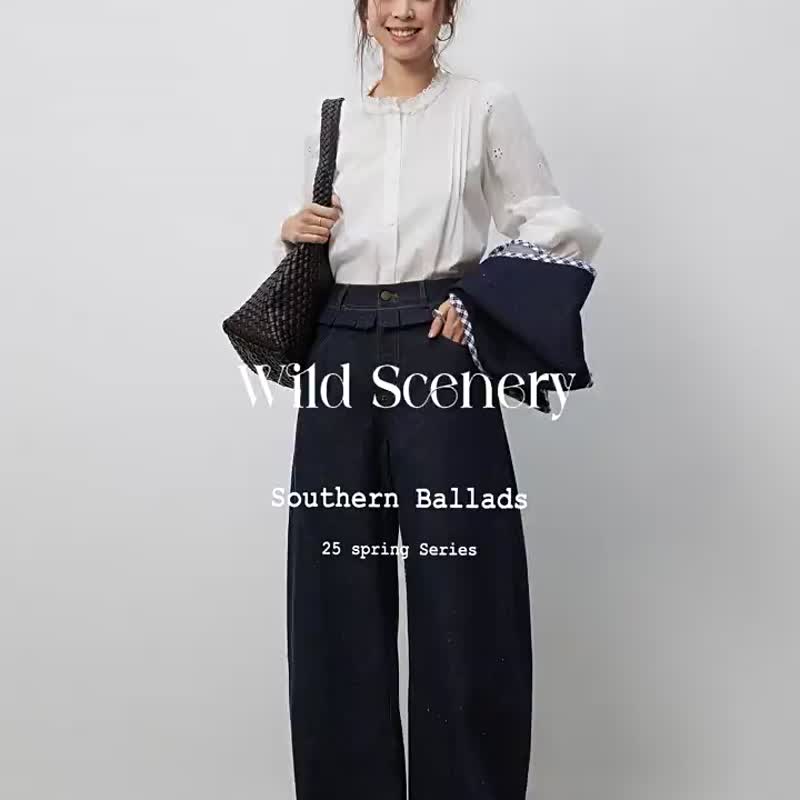 深みのあるインディゴブルー、繊細な美しさ、フリル付きデニムパンツ、ウエストに遊び心のあるワイドレッグカジュアルパンツ - パンツ レディース - コットン・麻 ブルー