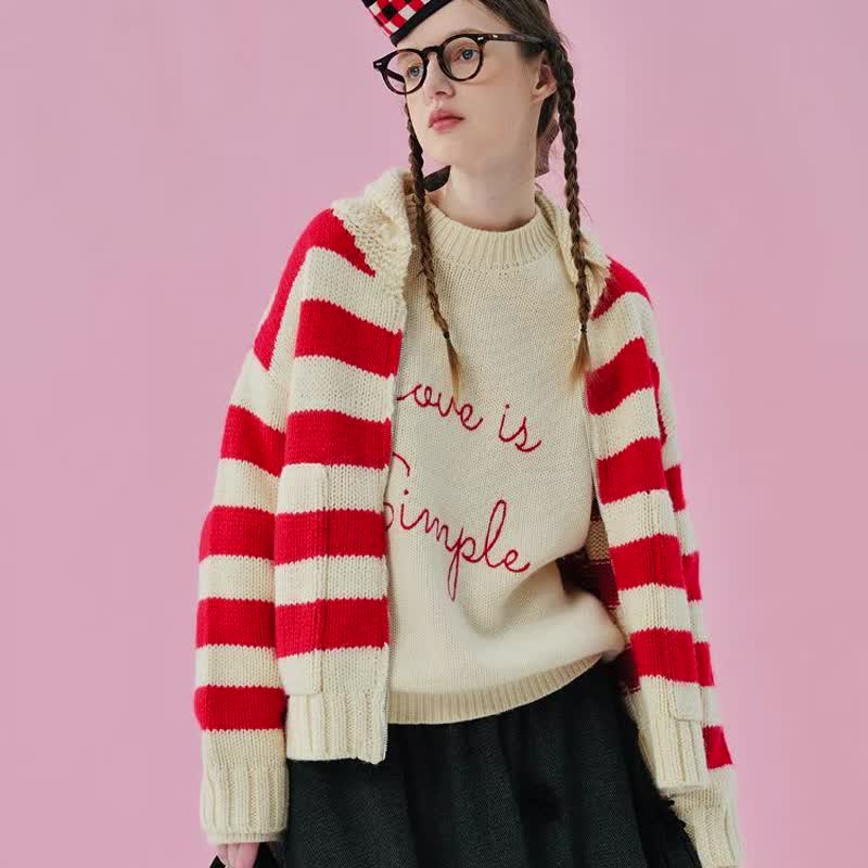 Red and white striped retro knitted sweater jacket/zipper Christmas and New Year - สเวตเตอร์ผู้หญิง - ขนแกะ สีแดง