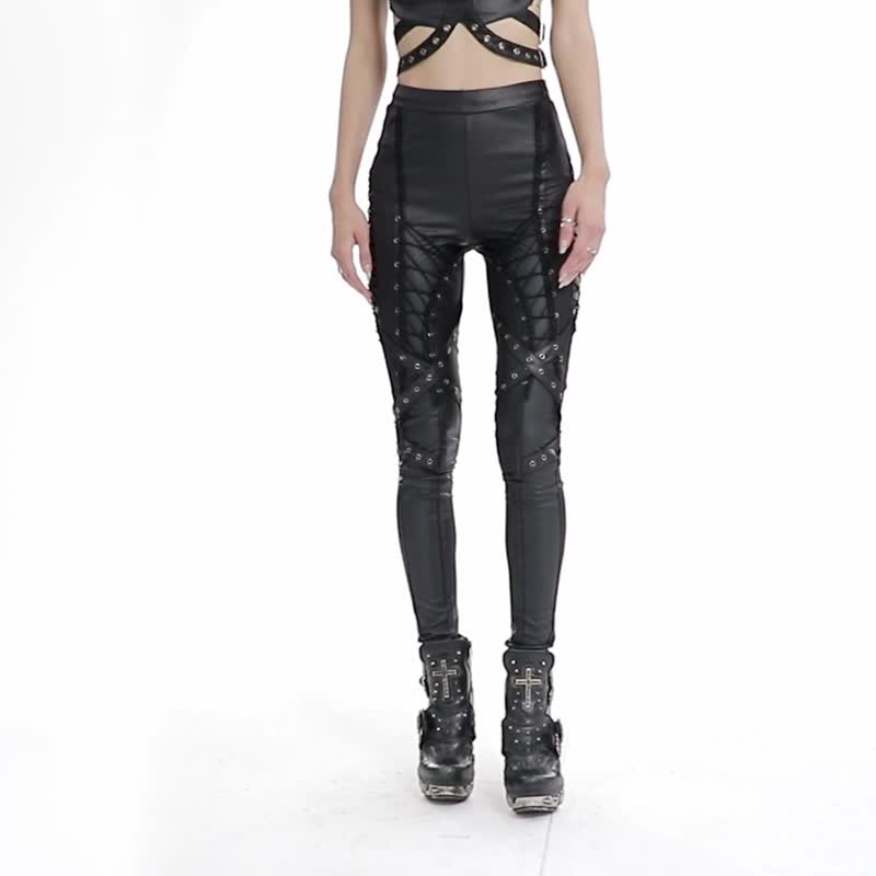 Punk Agent Faux Leather Shiny Split Trousers - กางเกงขายาว - วัสดุอื่นๆ สีดำ