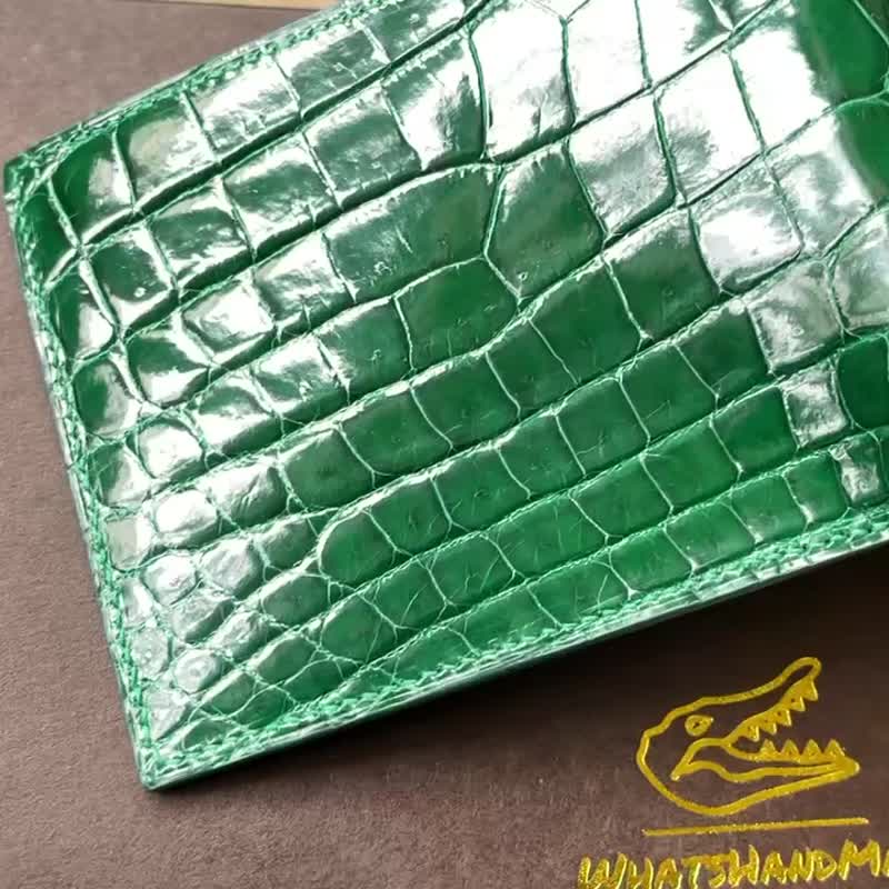French glossy Gemstone green handmade crocodile leather Silver - กระเป๋าสตางค์ - หนังแท้ สีเขียว