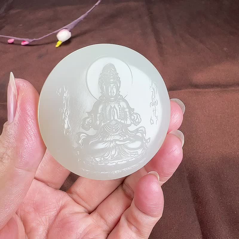 秒殺價 天然新疆和田玉羊脂玉觀音平安扣圓牌吊墜 - 吊飾/掛飾 - 玉石 