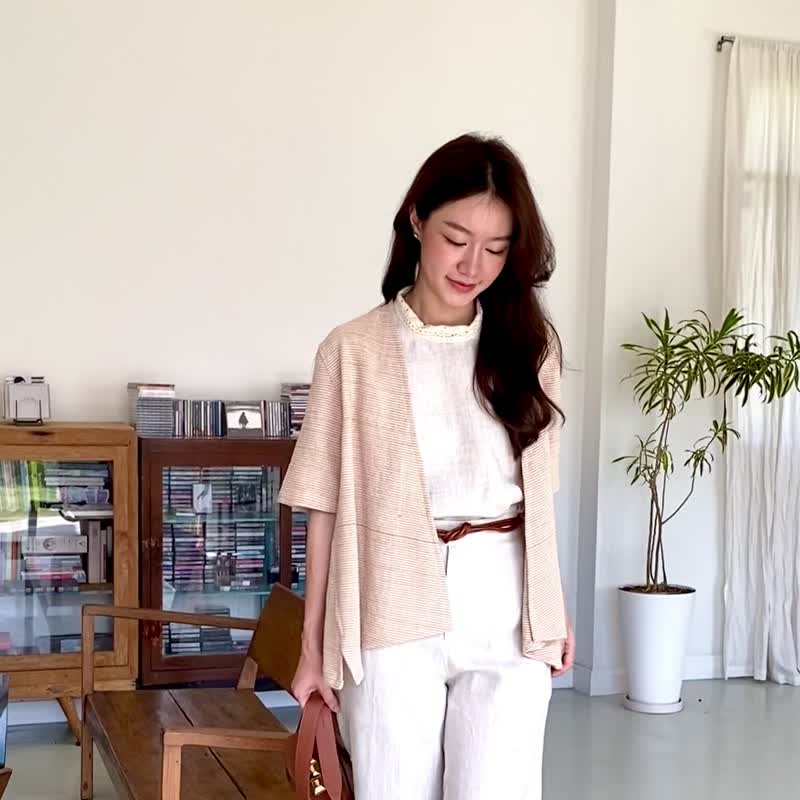 Rachel Jacket : V neck Short Sleeve Hand woven and Botanical Dyed tan Color - 女上衣/長袖上衣 - 棉．麻 橘色