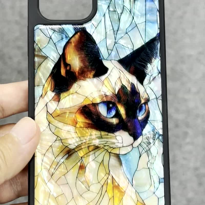 Cat natural shell iPhone 16 impact resistant protective case stained glass can be customized with name 051 - เคส/ซองมือถือ - เปลือกหอย หลากหลายสี