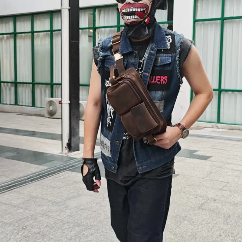復古瘋馬牛皮男士腰包 機車騎士個性胸包 多口袋大容量斜挎包 - 側背包/斜背包 - 真皮 咖啡色