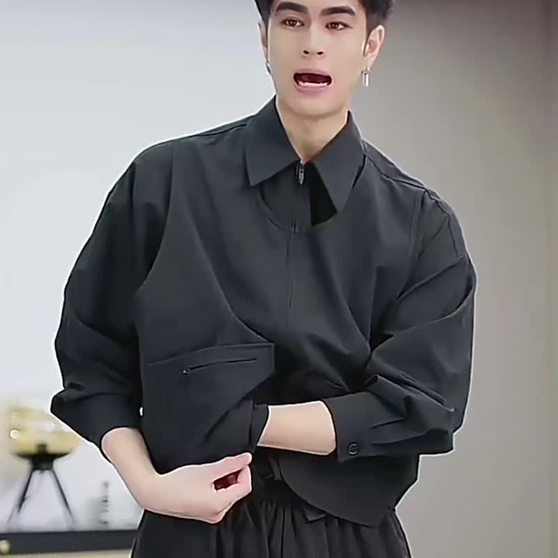 男士暗黑風長袖襯衫  大口袋休閑襯衣開衫 - 男襯衫/休閒襯衫 - 聚酯纖維 黑色
