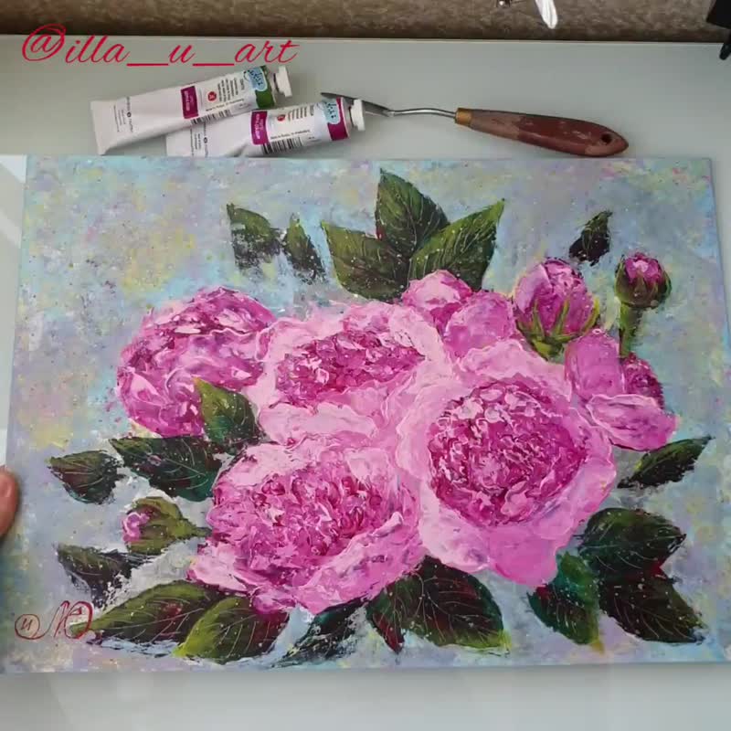 Rose Painting Bouquet Original Art Floral Wall Art Pink Flower Acrylic Painting - 海報/掛畫/掛布 - 其他材質 多色