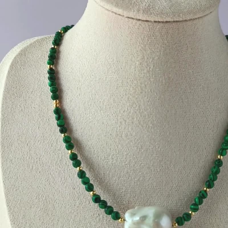 Malachite and baroque pearlnecklace - 項鍊 - 純銀 綠色