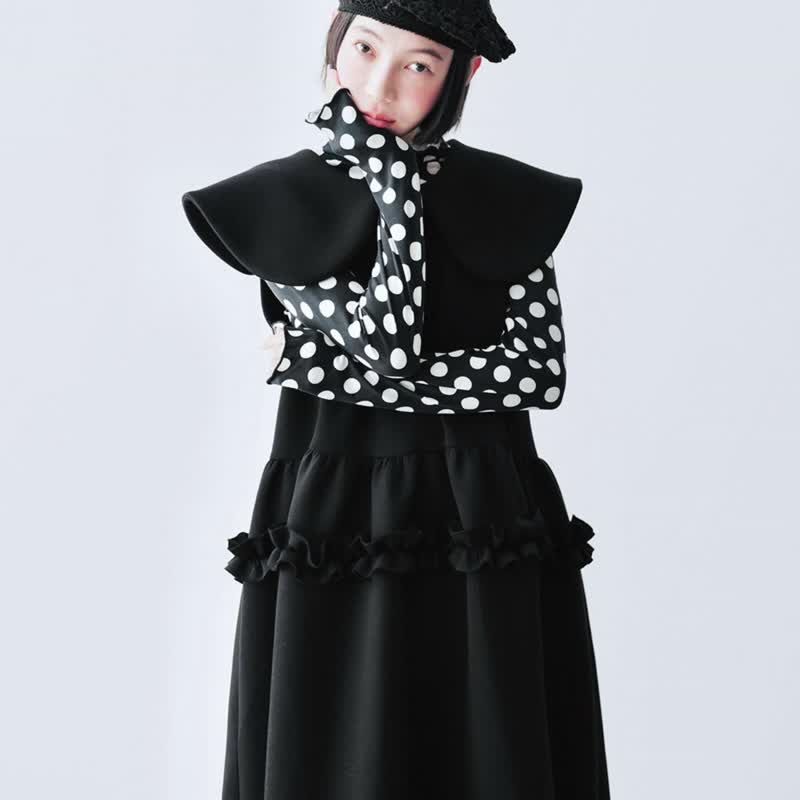 Black pleated lace doll large collar sleeveless dress/dress - ชุดเดรส - ผ้าฝ้าย/ผ้าลินิน สีดำ