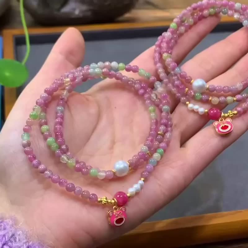 草莓熊粉嘟嘟甜妹手鏈天然巴西碧璽多圈手鏈項鏈開運吉祥生日禮物 - 手鍊/手環 - 水晶 