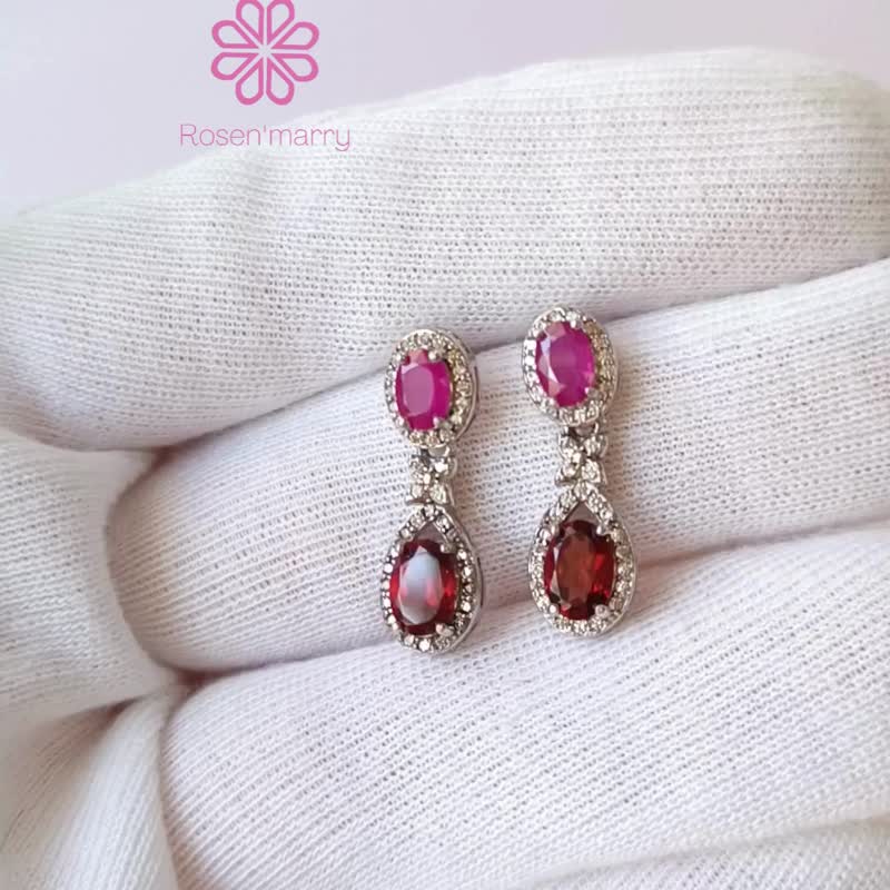 Drop Earrings Natural Ruby and Garnet Silver925. - 耳環/耳夾/耳骨夾 - 純銀 紅色