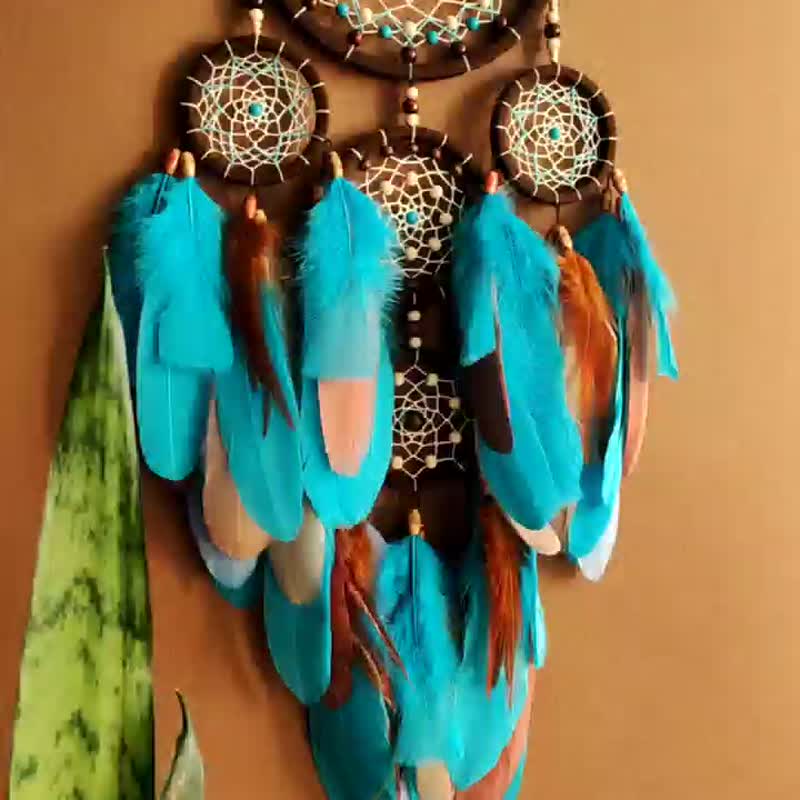 Handcrafted Turquoise Dreamcatcher | Boho-Chic Multi-Circle Wall Hanging - 壁貼/牆壁裝飾 - 繡線 綠色