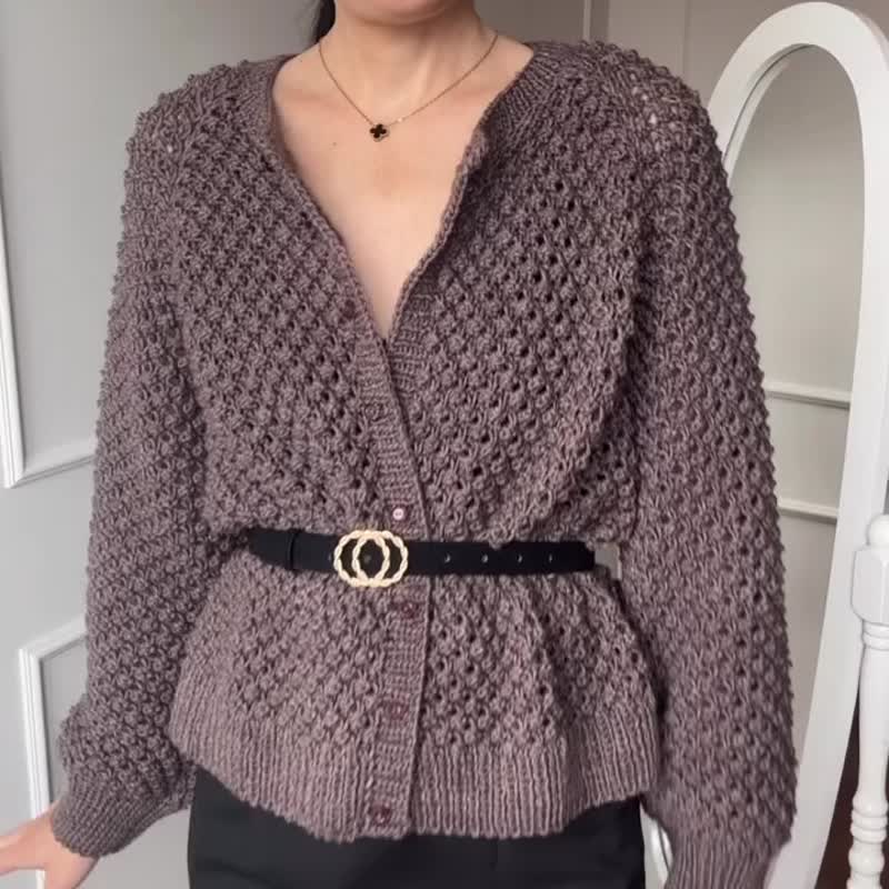 Popcorn hand knit cardigan for women Wool sweater jacket with button Knit blouse - 女毛衣/針織衫 - 羊毛 