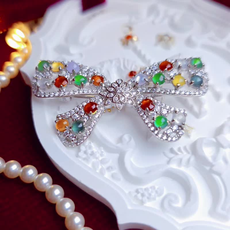 Fortune & Luck Transformation | Icy Jadeite with Radiant Multicolored Gems & Bow Design | Burmese A-Grade Jadeite, Sterling Silver Brooch Pendant - Brooches - Jade 