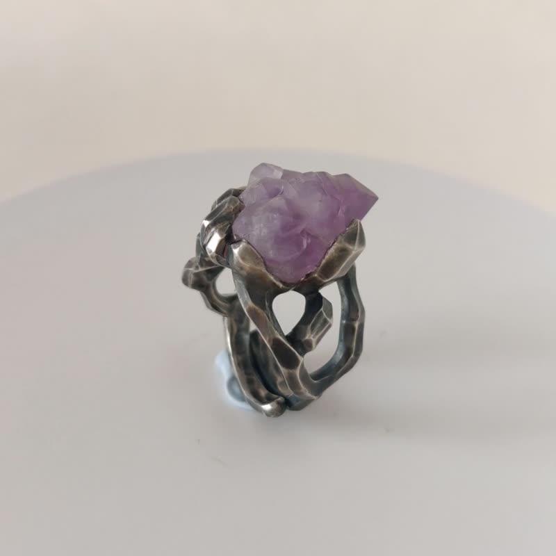 Original Stone Beauty 925 Silver Amethyst Original Stone Silver Distressed Open Ring - แหวนทั่วไป - เงินแท้ สีม่วง