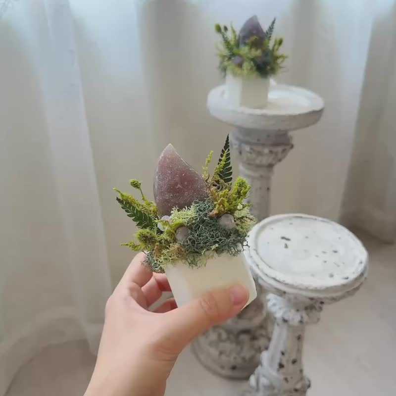 燭火守護 為你點上一盞光。粉柔紫水晶 永生葉材綠植栽 - 盆栽/植栽 - 水晶 紫色