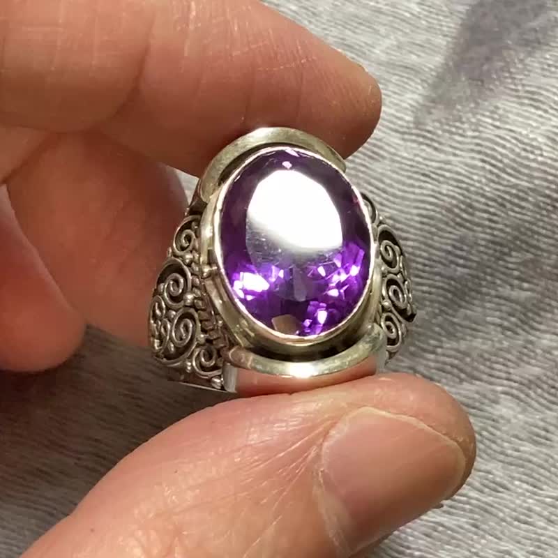 天然 紫水晶 戒指 尼泊爾 手工製 925純銀 - 戒指 - 水晶 紫色