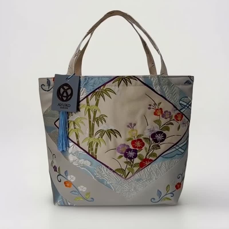 獨一無二真絲和服袋帶托特包, 日本手工刺繡升級改造包, 和風藝術 - 手提包/手提袋 - 絲．絹 藍色