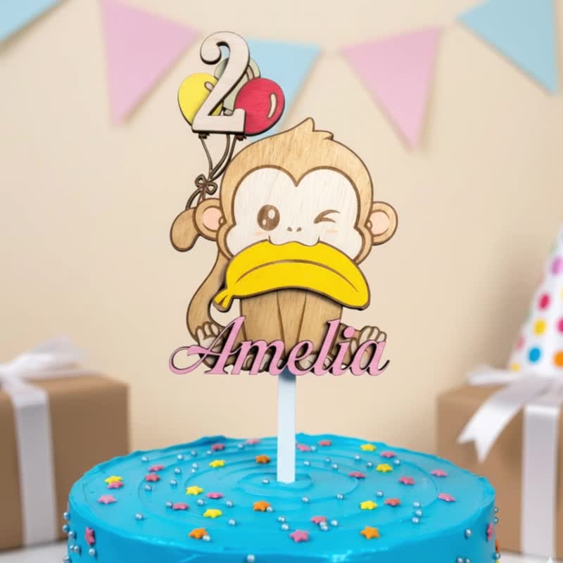 Monkey Wood Custom Cake Topper - Hand Painted Birthday Keepsake - Custom Name - 寶寶/兒童餐具/餐盤 - 木頭 