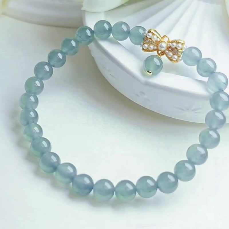 Endless Wealth | Bingjiao Candy Morandi Blue Water | Sterling Silver Bow Bracelet Beads - สร้อยข้อมือ - หยก 