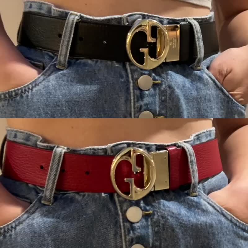 Gucci red/ black reversible Belt double-sided belt Japanese second-hand vintage - เข็มขัด - หนังแท้ สีดำ