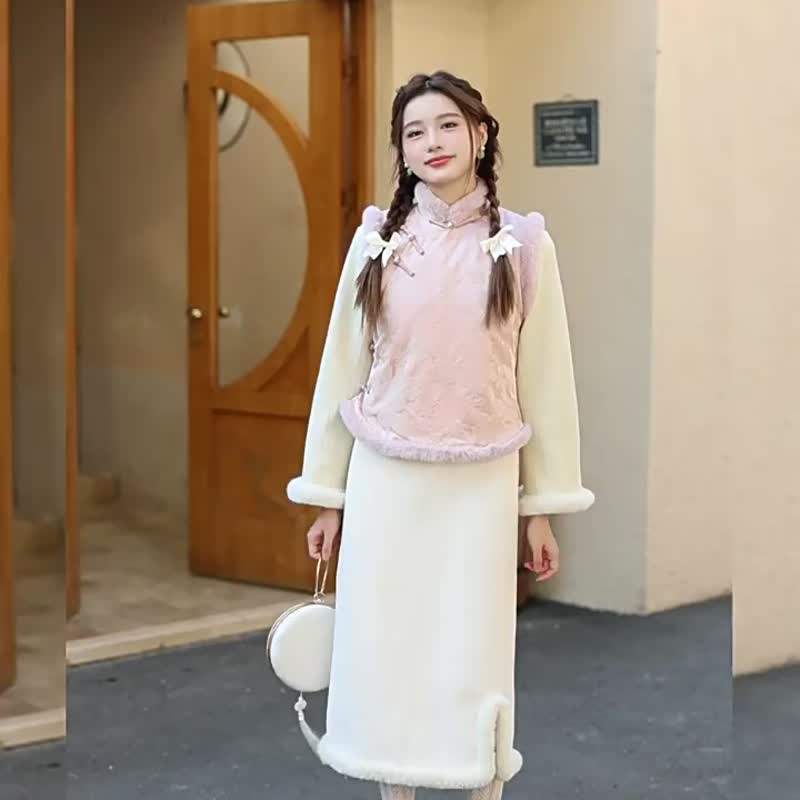 粉色 古典國風秋冬加絨漢服馬甲 立領裝飾 新中式春節上衣 - 洋裝/連身裙 - 聚酯纖維 粉紅色