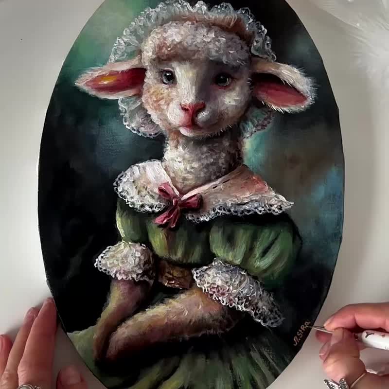 Sheep original canvas painting, Lamb wall art, Animal Vintage Portrait Fairy art - 壁貼/牆壁裝飾 - 棉．麻 多色