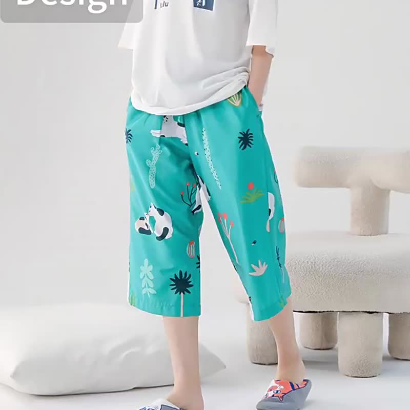 Sapphire green/pink pajama pants three-quarter length cotton cute summer breathable loose cat pattern - Loungewear & Sleepwear - Cotton & Hemp Green