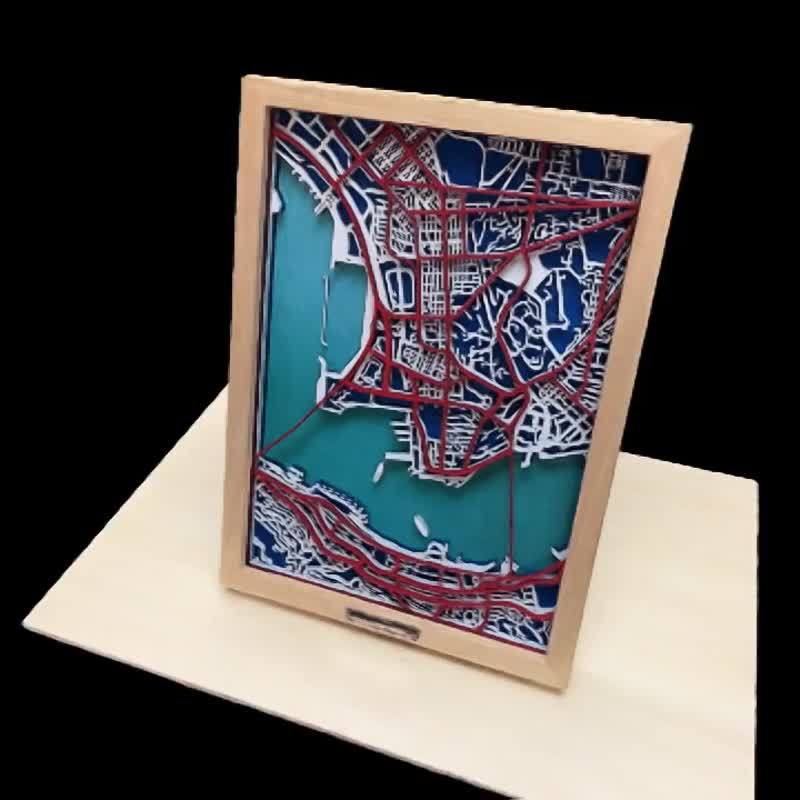 香港維多利亞港鳥瞰立體地圖 (紅白藍特別版) - 擺飾/家飾品 - 木頭 