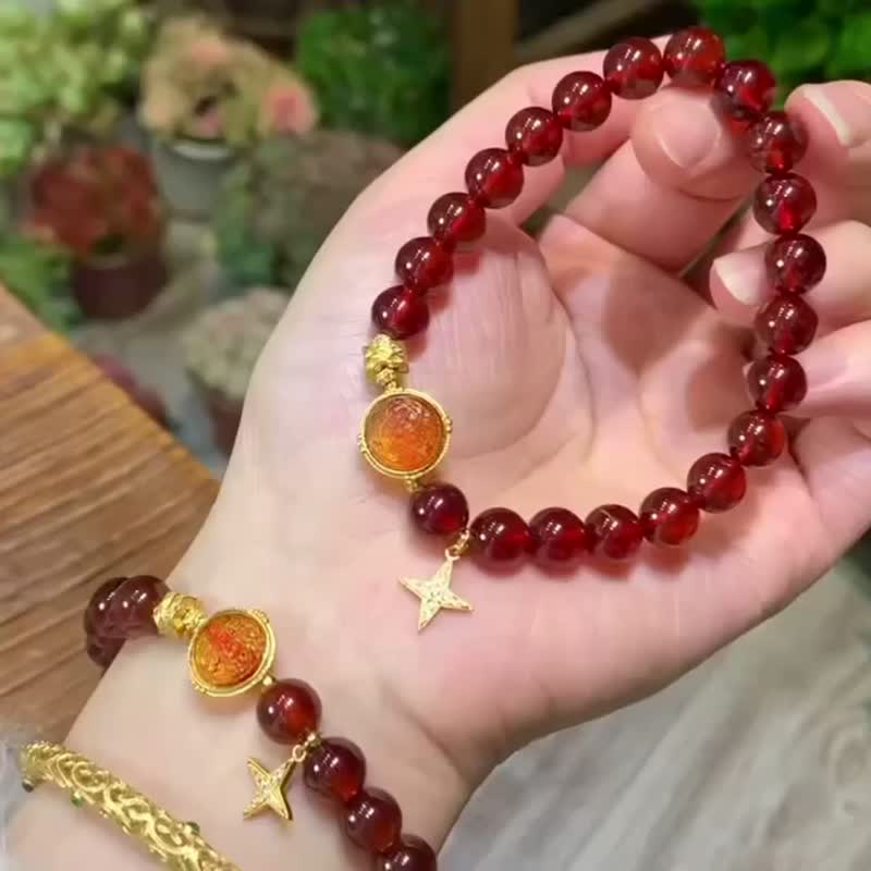 天然橙紅石榴石手鏈搭配銀鍍金扎基拉姆本命年必備生日情人節禮物 - 手鍊/手環 - 玉石 