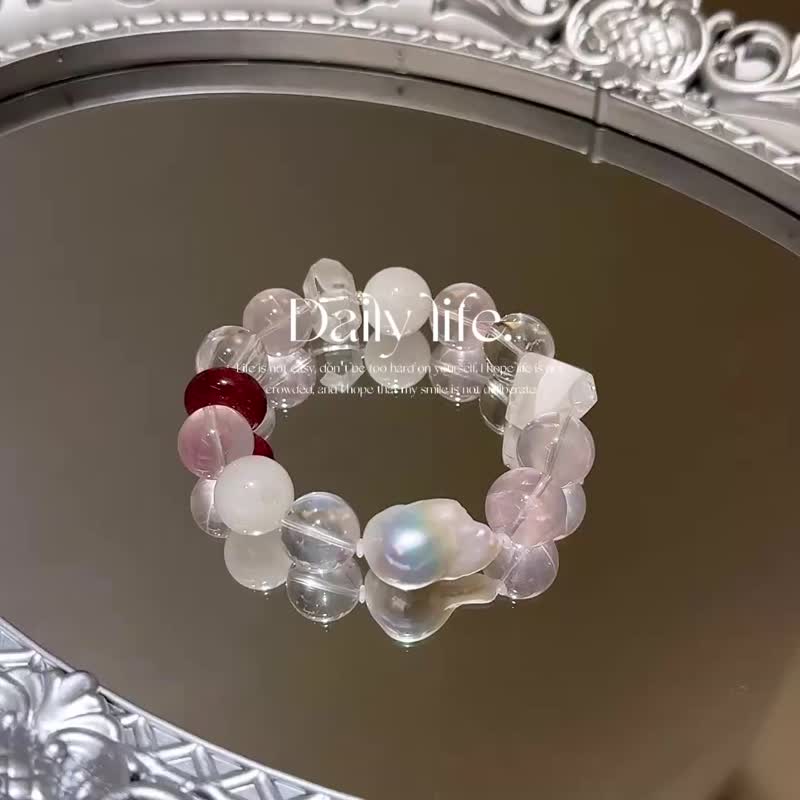 莫桑比克星光粉晶白兔毛雪花幽靈星光草莓晶天然長尾大巴珍珠設 - 手鍊/手環 - 水晶 粉紅色