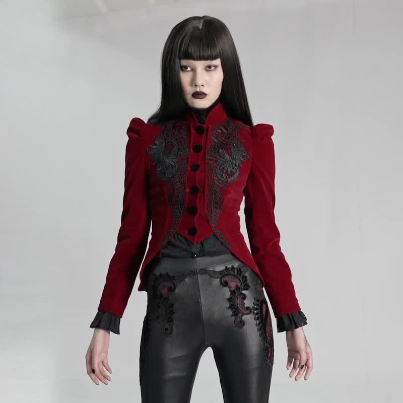 哥德血魔緯平絨短外套 - 黑 / 紅 - 女西裝外套 - 其他材質 紅色