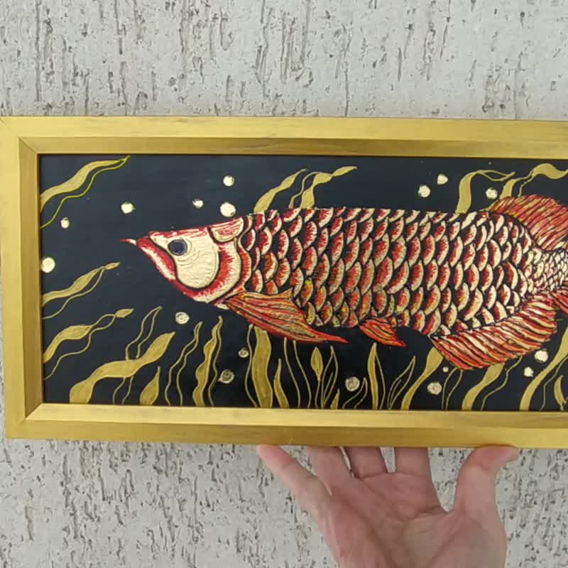アロワナの絵画金魚オリジナルアートドラゴンフィッシュウォールアート - ポスター・絵 - アクリル ゴールド