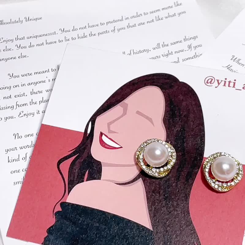 Yitiart Surround Rhinestone Pearl Earrings Like Face Painting Valentine's Day Gift Earrings Back Card Design Birthday - ต่างหู - ไข่มุก สีทอง