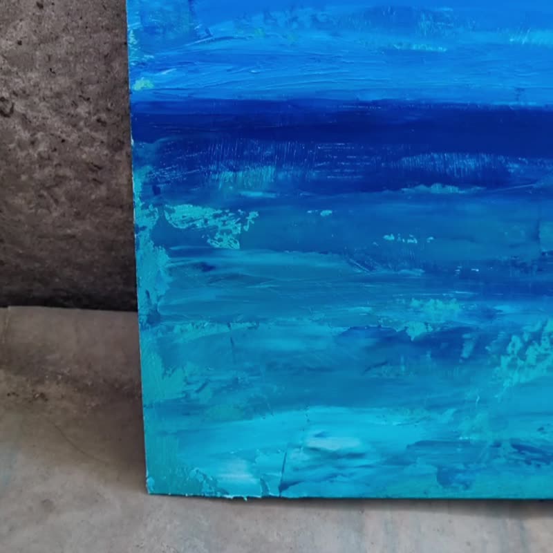 Oil Painting Abstract Sea Ocean Art Minimalistic Wall Decor Impasto - ตกแต่งผนัง - วัสดุอื่นๆ สีน้ำเงิน