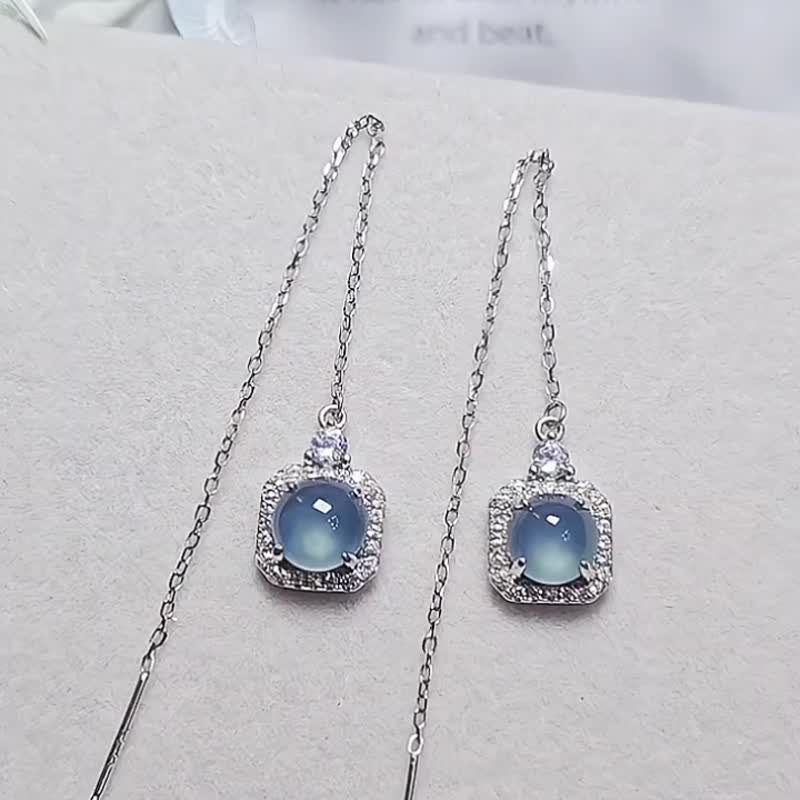 |星空藍剛|A貨翡翠冰玻藍剛大蛋面7.4mm純銀鍍18k仙氣耳環 - 耳環/耳夾/耳骨夾 - 玉石 