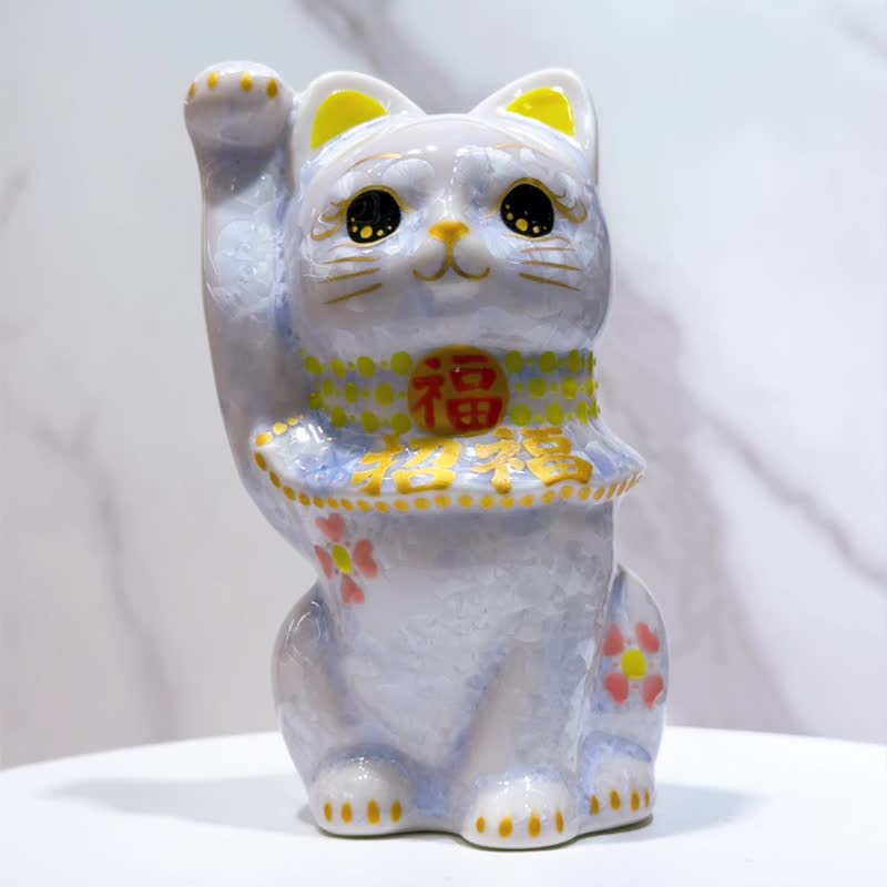 Japanese Kiyomizu-yaki lucky cat | Flower crystal - rattan lucky - Items for Display - Porcelain Blue