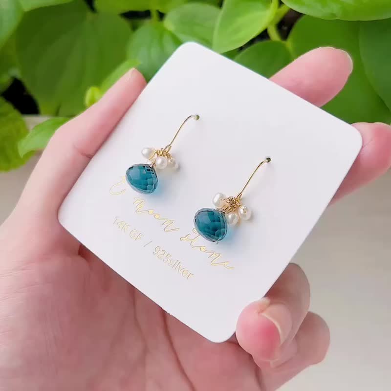 London blue quartz stone sparkling water drop earrings crystal - ต่างหู - ไข่มุก สีน้ำเงิน