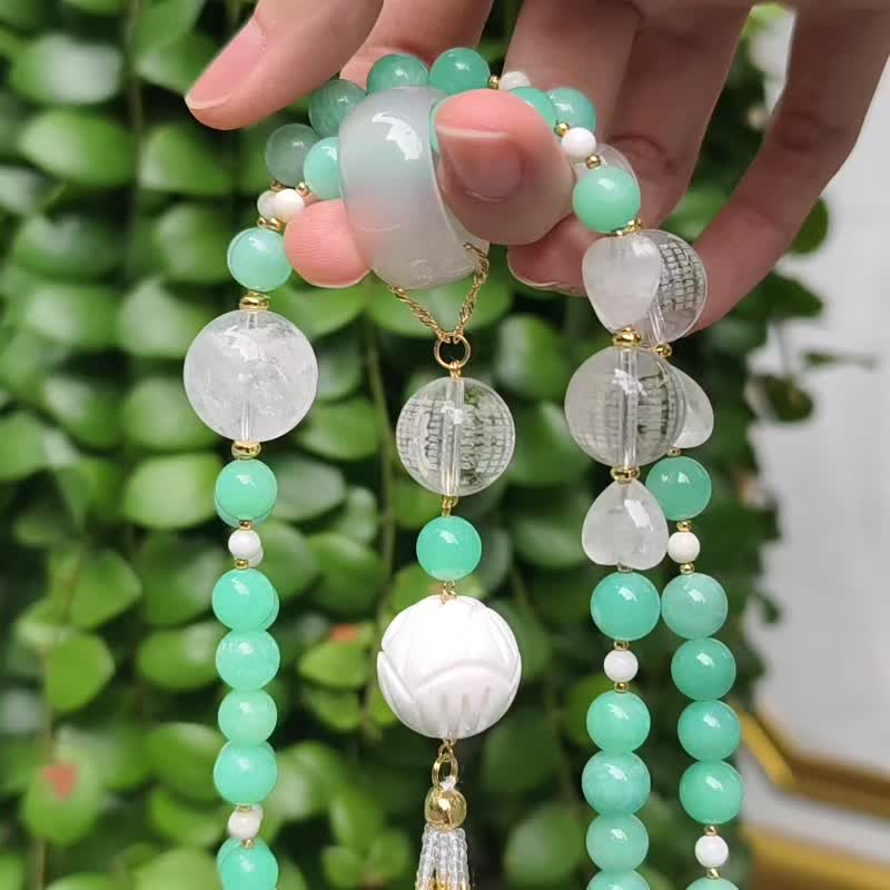頂級天河石 白水晶心經 白玉瓍戒 硨磲蓮花 珍珠 項鍊 單品 禮物 - 項鍊 - 寶石 綠色