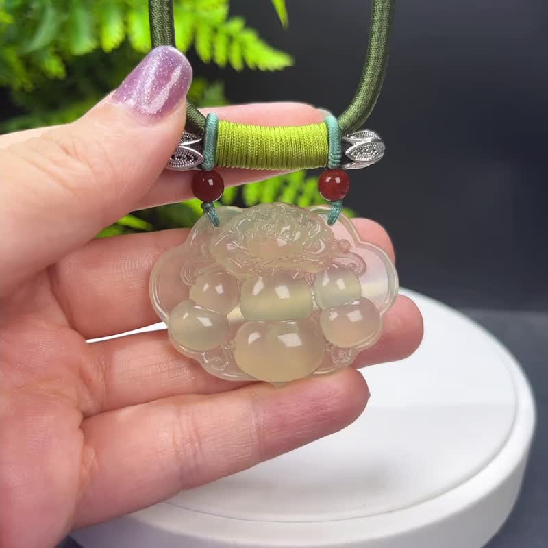 岫巖玉如意吊墜項鏈 冰潤淺黃綠 雕刻葫蘆花開富貴 福祿吉祥溫婉 - 項鍊 - 玉石 