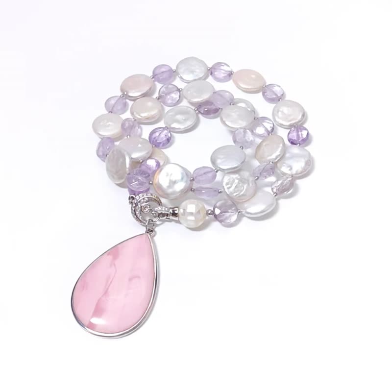 Top quality pink opal love and peace pearl rainbow light amethyst rich necklace single product - Necklaces - Gemstone Pink