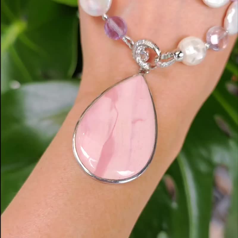 頂級粉紅蛋白石 愛與和平 彩虹珍珠 紫水晶 項鍊 單品 禮物 獨家 - 項鍊 - 寶石 粉紅色